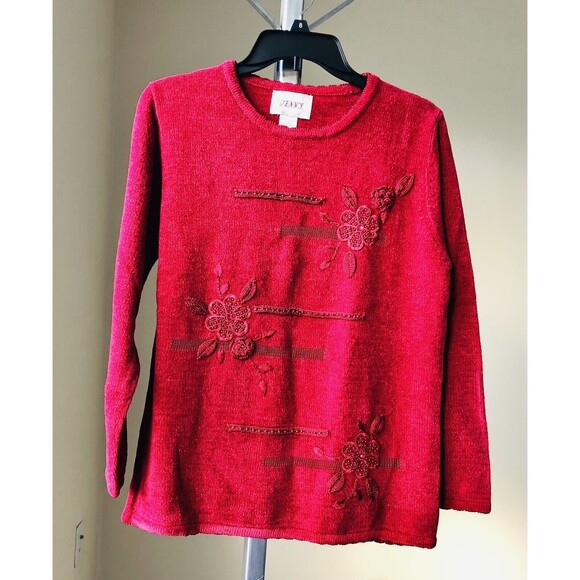 JENNY SIZE M RED FLORAL SWEATER PULL OVER, LONG SLEEVE, VERY SOFT, NICE DESING. - Picture 3 of 11